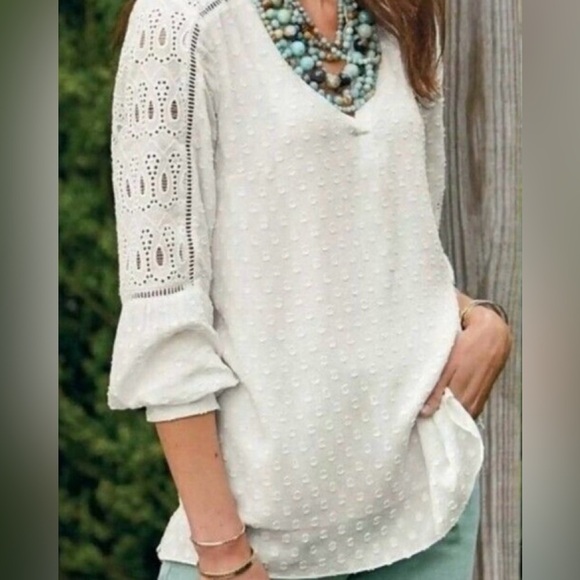Soft Surroundings harcourt blouse White Long Sleeve V-Neck Blouse small eyelet. - Picture 1 of 9